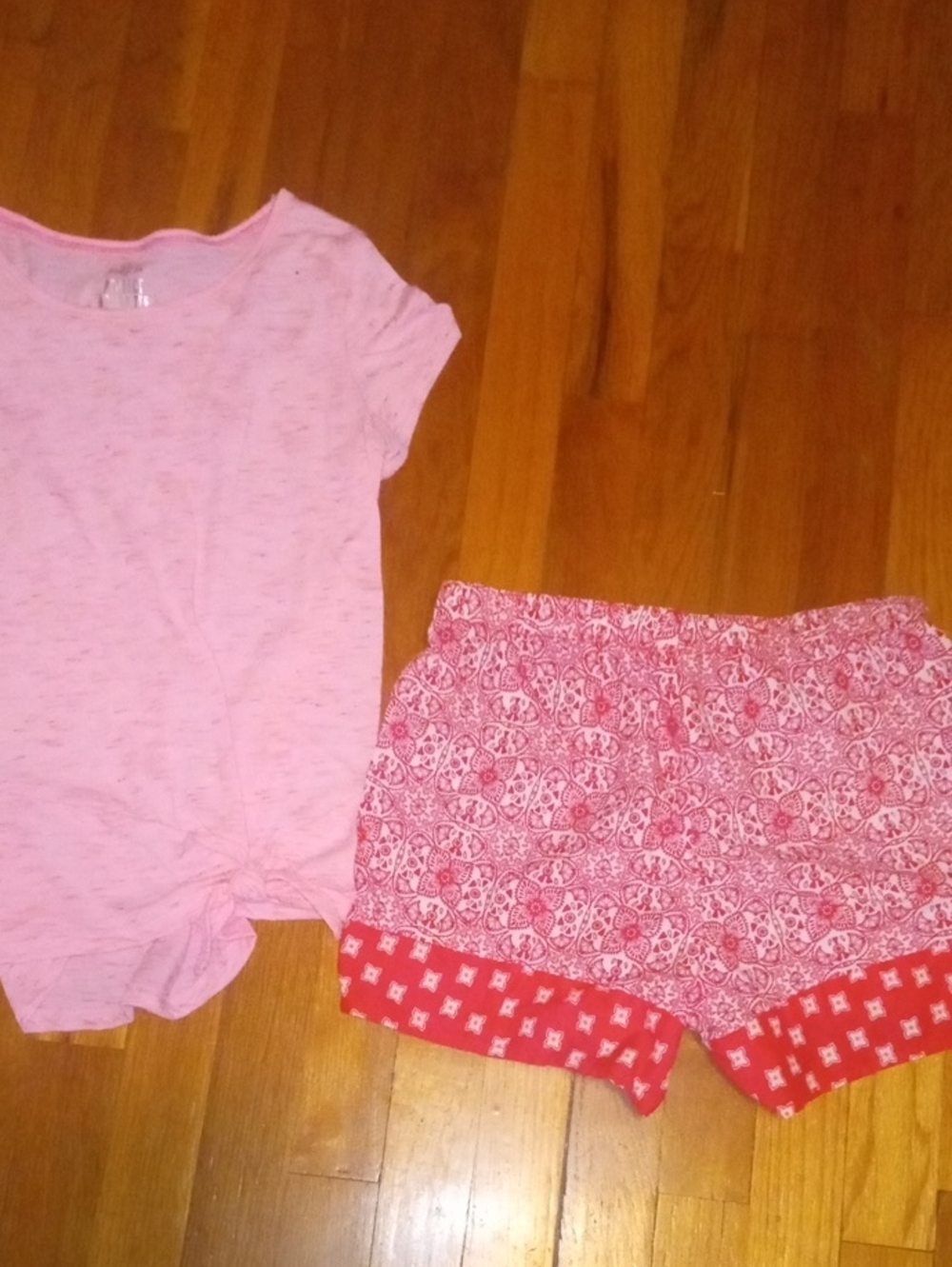 NWOT girl XL soft pink tee and pink print shorts